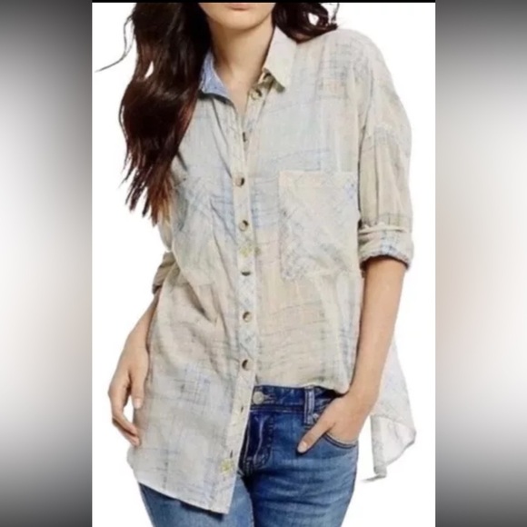 Free people nwot shore vibes plaid cream button up boho casual top fall classic - Picture 2 of 8